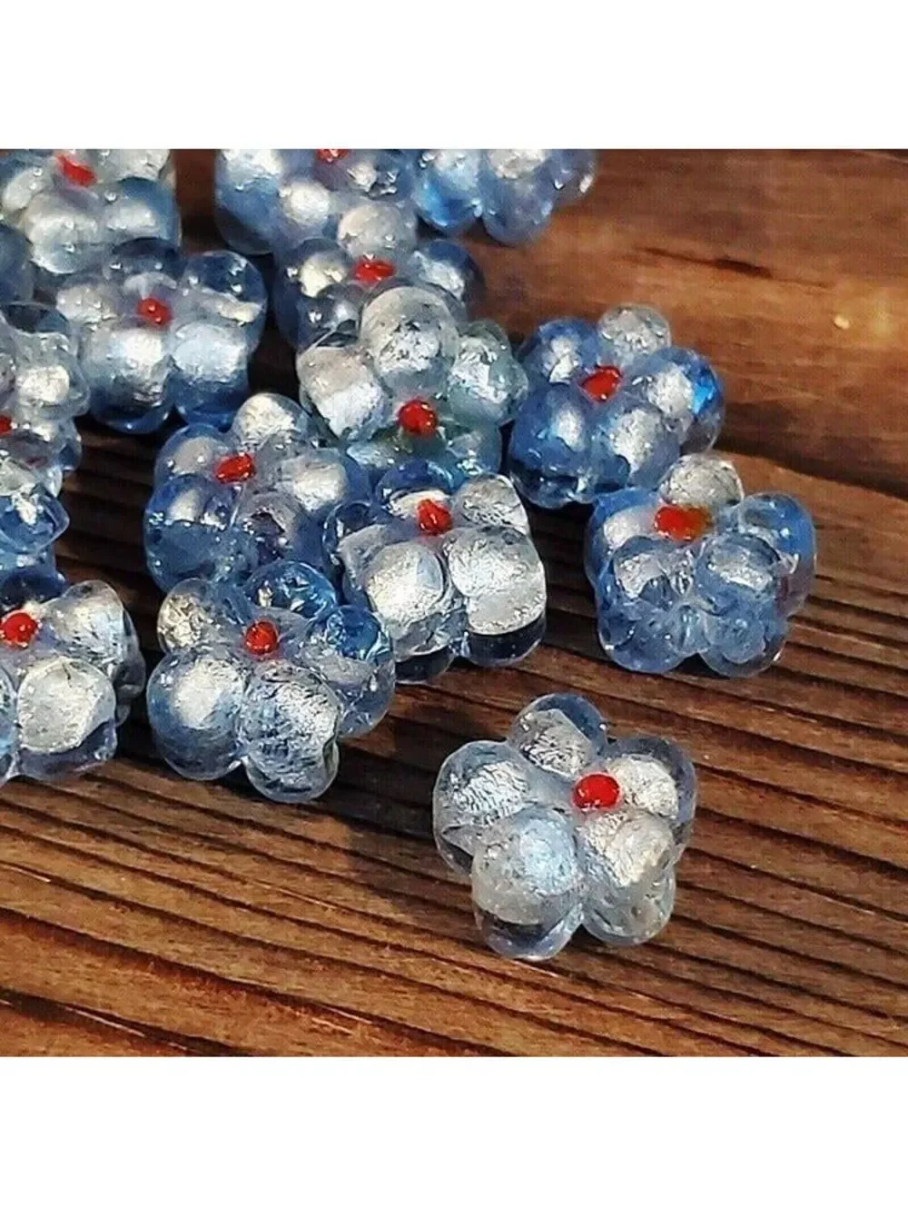 5 Vintage India Glass Icy Blue Flower Beads with Silver Foil